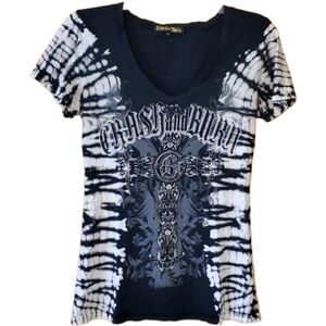 Crash &‎ Burn Womans Studded Cross Tie Dye Black & White Short Sleeve Tee Medium